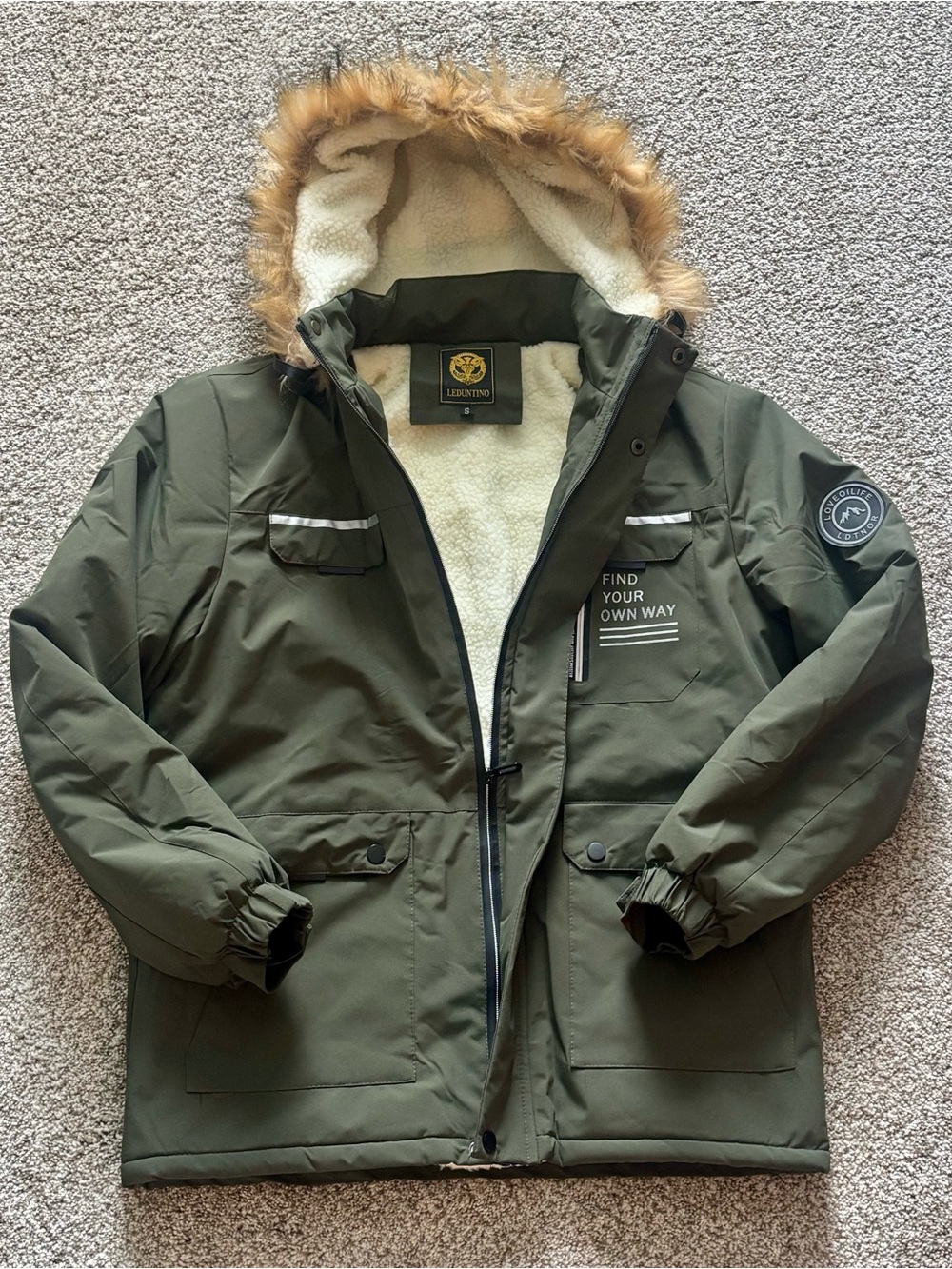 Leduntino Army Green Winter Parka Jacket Faux Fur Hood Fleece Lined Size S